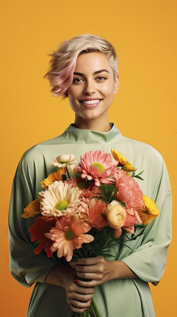 Mujer sosteniendo ramo de flores florista calvo