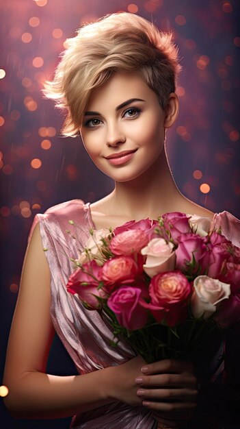 Mujer sosteniendo ramo de flores floristería corte de pelo duendecillo