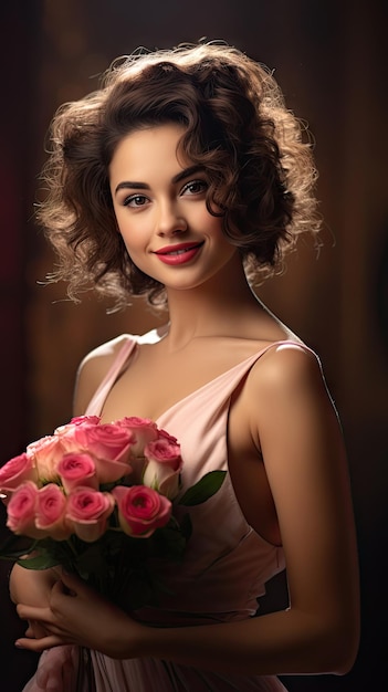 Mujer sosteniendo ramo de flores floristería pelo corto y rizado