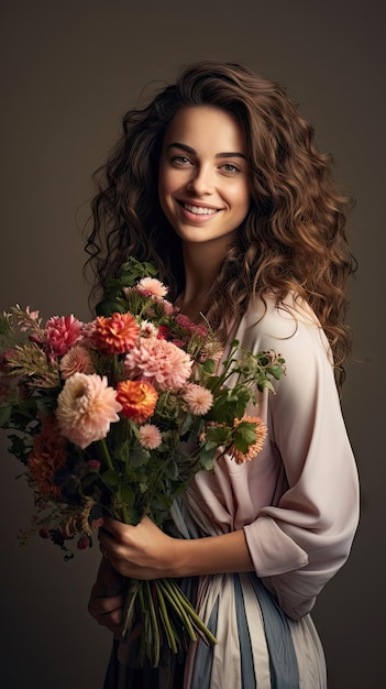 Mujer sosteniendo ramo de flores floristería pelo largo y rizado