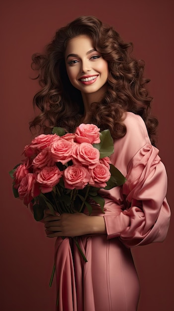 Mujer sosteniendo ramo de flores floristería pelo largo y rizado