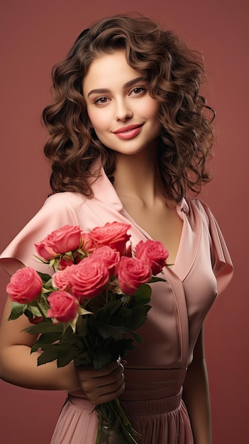 Mujer sosteniendo ramo de flores floristería pelo largo y rizado
