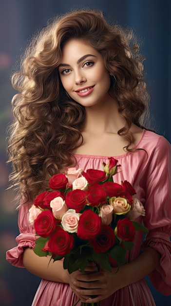 Mujer sosteniendo ramo de flores floristería pelo largo y rizado