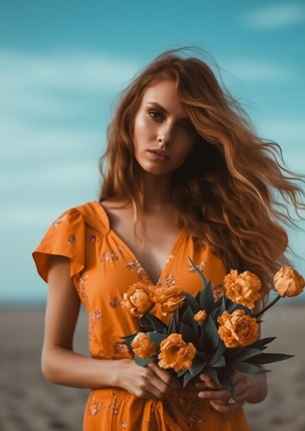 Una mujer sosteniendo un ramo de flores frente a un cielo azul.