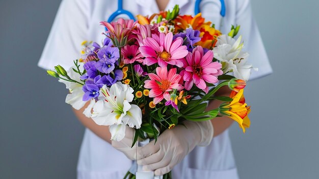 una mujer sosteniendo un ramo de flores en un hospital