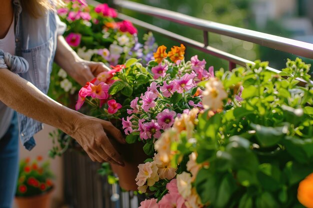 una mujer sosteniendo un ramo de flores con una mano sosteniendo una olla de flores