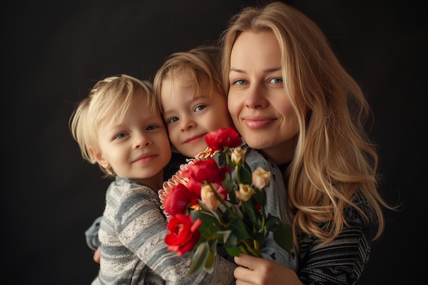 una mujer sosteniendo un ramo de flores con un niño y una niña