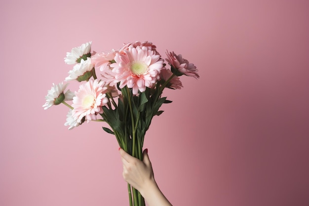 Una mujer sosteniendo un ramo de flores sobre un fondo rosa.