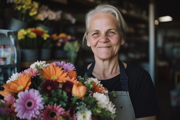 Una mujer sosteniendo un ramo de flores y sonriendo a la cámara creada con ai generativo