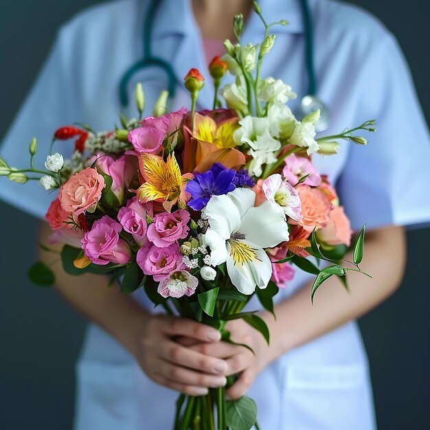 Foto una mujer sosteniendo un ramo de flores en sus manos