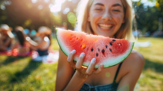 Foto una mujer sosteniendo una rebanada de citrullus lanatus también conocida como sandía sonriente aig