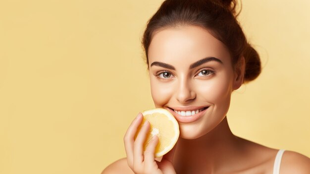 Mujer sosteniendo una rebanada de fruta por la cara