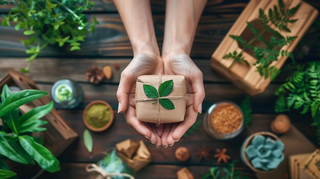 Foto una mujer sosteniendo un regalo con una hoja verde en él