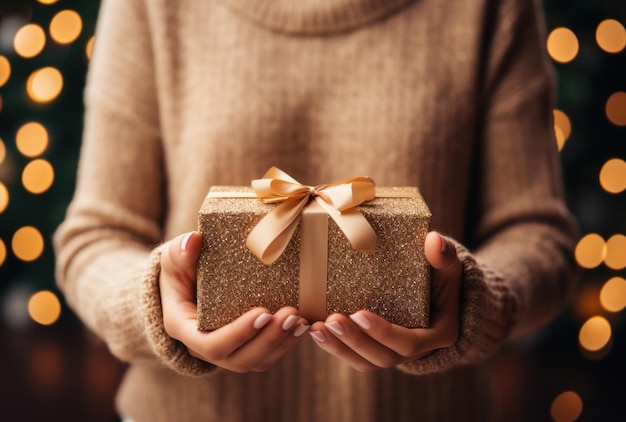 Mujer sosteniendo un regalo de Navidad