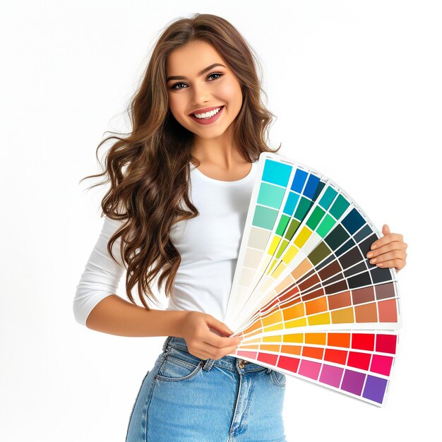 Mujer sosteniendo un reloj de color que muestra una gama de colores de fondo blanco