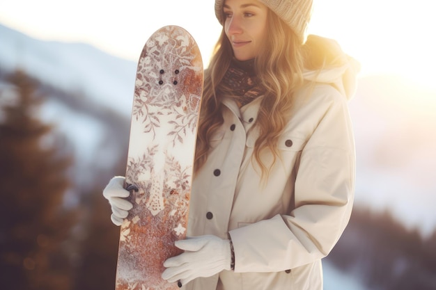 Mujer sosteniendo snowboard Seguridad deportiva Generar Ai