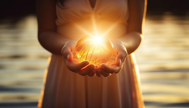 Foto una mujer sosteniendo un sol en sus manos