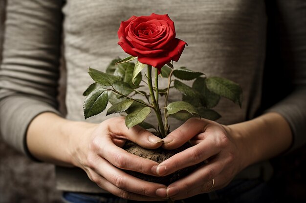 Una mujer sosteniendo una sola rosa centrándose en sus manos y la flor