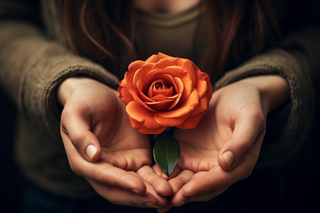 Una mujer sosteniendo una sola rosa centrándose en sus manos y la flor