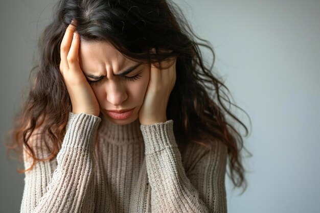 Foto una mujer sosteniendo su cabeza con ambas manos