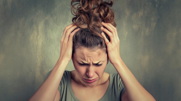 Mujer sosteniendo su cabeza en sus manos mirando angustiada