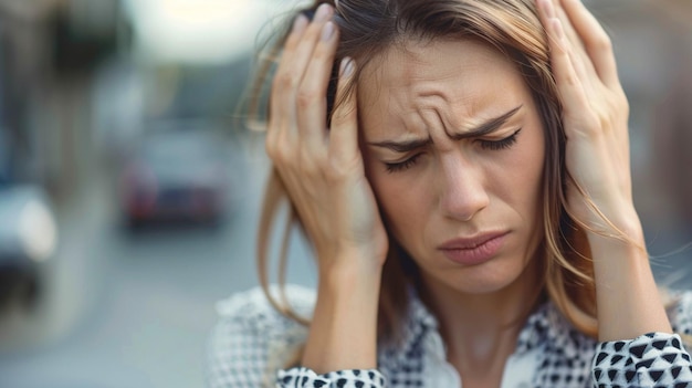 Foto una mujer sosteniendo su cabeza