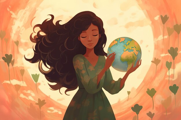 Una mujer sosteniendo suavemente un modelo de la Tierra una ilustración del Día de la Tierra y la protección del Mundo