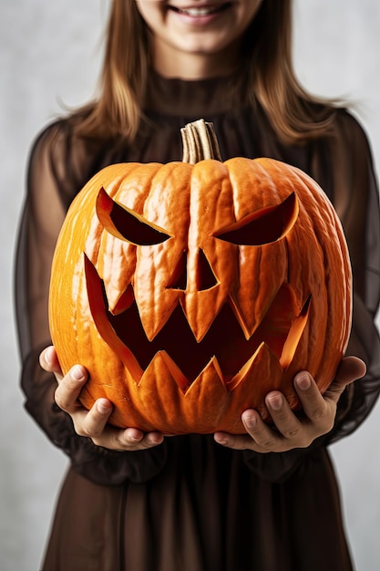Mujer sosteniendo en sus manos una calabaza de halloween aterradora sobre fondo blanco