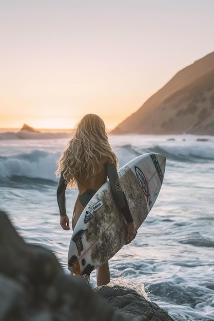 Foto una mujer sosteniendo una tabla de surf en la parte superior de una playa rocosa