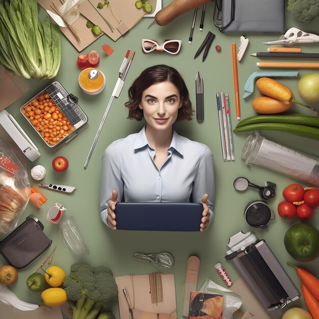 Foto una mujer sosteniendo una tableta con un montón de verduras y una caja de cuchillos.