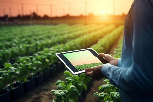 Foto una mujer está sosteniendo una tableta en sus manos mientras sostiene una tableta con una pantalla verde