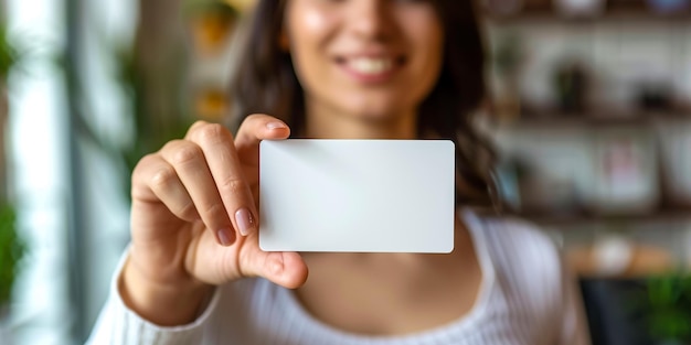 Mujer sosteniendo una tarjeta de visita en blanco para el simulacro