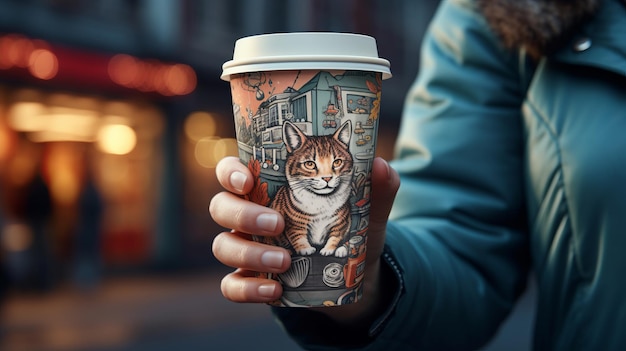 Una mujer sosteniendo una taza de café con un lindo diseño de gato.