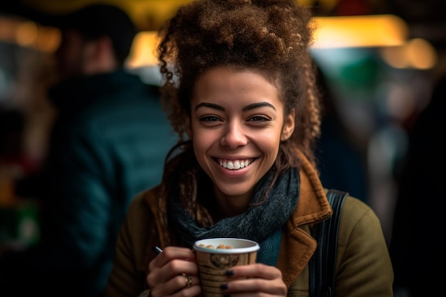 Una mujer sosteniendo una taza de café en sus manos