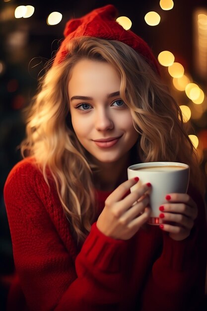 una mujer sosteniendo una taza de café