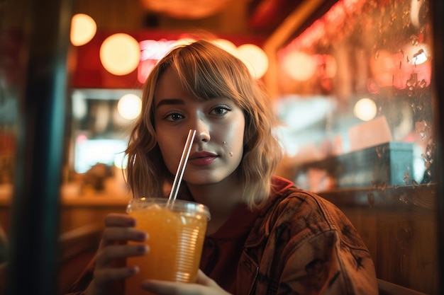 una mujer sosteniendo una taza de jugo de naranja