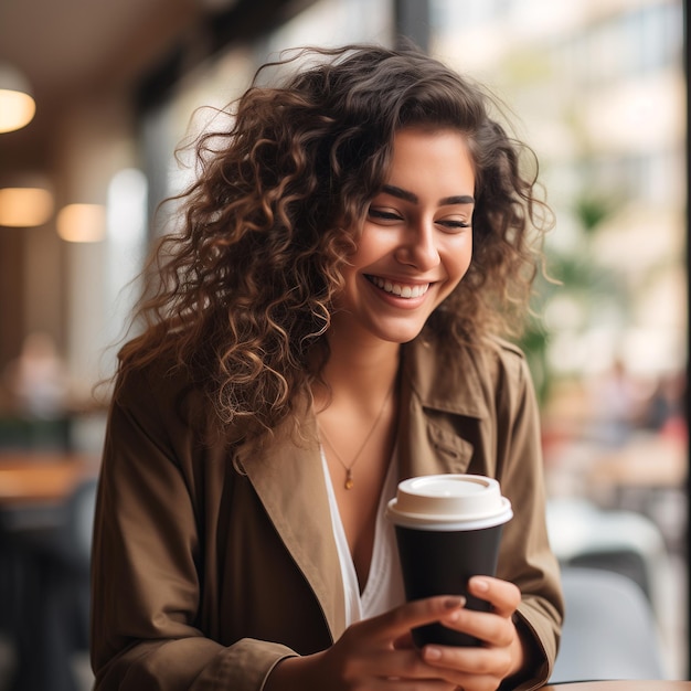 Foto mujer sosteniendo taza de papel de café ciudad borrosa tienda en el fondo vestido con abrigo beige