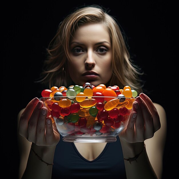 Foto una mujer sosteniendo un tazón de caramelos con una imagen de una mujer manteniendo un bol de caramellos