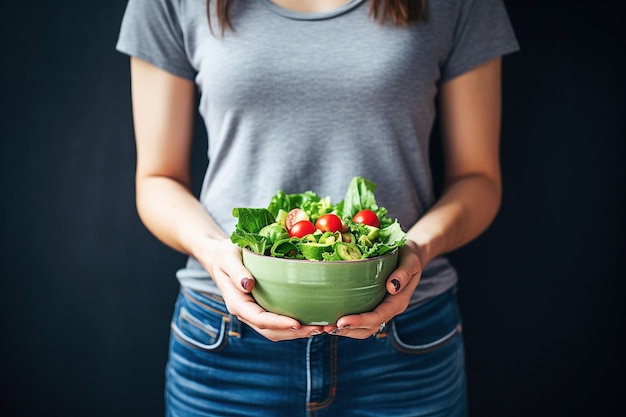 Mujer sosteniendo un tazón con ensalada fresca comida saludable
