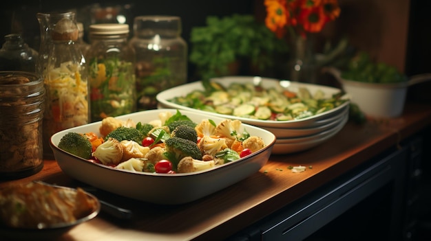 Mujer sosteniendo tazón de ensalada de verduras frescas en tablegenerative ai