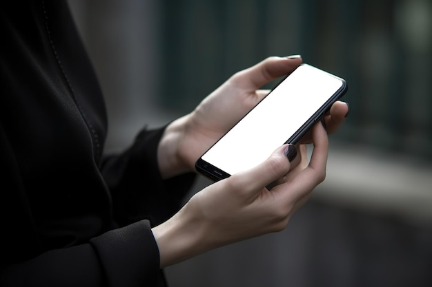 Mujer sosteniendo un teléfono inteligente con pantalla blanca en blanco Maqueta de teléfono inteligente Espacio de copia vacío para la presentación del sitio web del juego de la aplicación Pantalla de teléfono móvil vacía lista para su diseño IA generativa