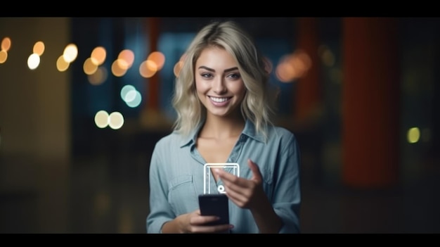 Una mujer sosteniendo un teléfono con la palabra amor.