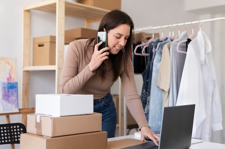 Foto mujer sosteniendo un teléfono de tiro medio