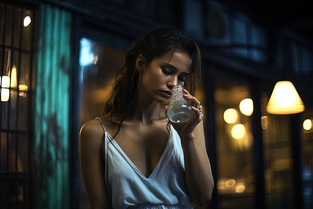 Foto una mujer sosteniendo un vaso de agua con una botella de agua en la mano