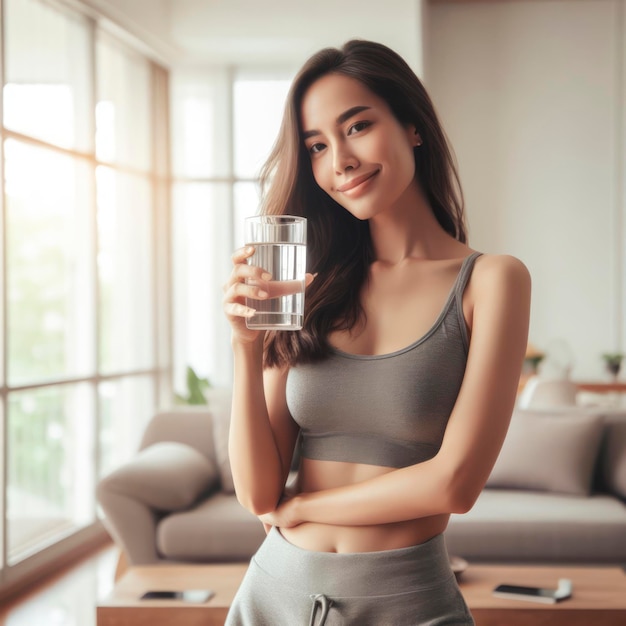 Mujer sosteniendo un vaso bebiendo agua mineral natural limpia en la sala de estar en casa por la mañana ai