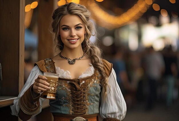 mujer sosteniendo un vaso de cerveza durante el oktoberfest alemania Foto