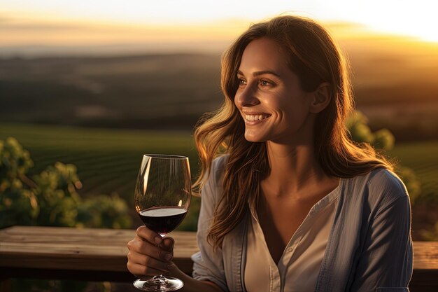 Foto una mujer sosteniendo un vaso de vino tinto