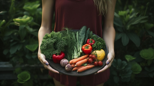 mujer sosteniendo vegetales orgánicos frescos en sus manos comida saludable