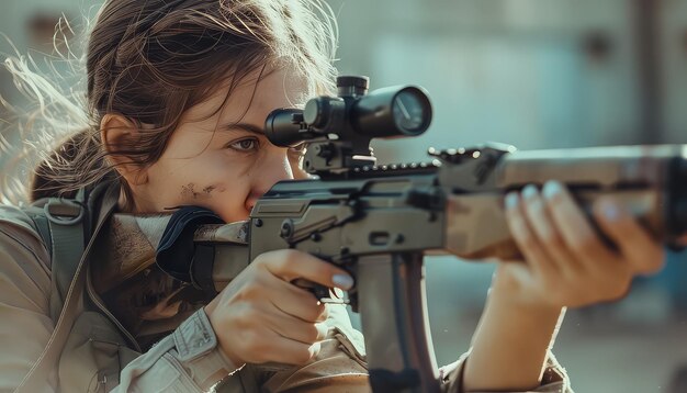 Foto una mujer sostiene un arma y mira a través de un telescopio