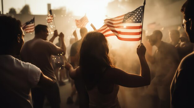 Una mujer sostiene una bandera frente a una multitud de personas que celebran el 4 de julio.